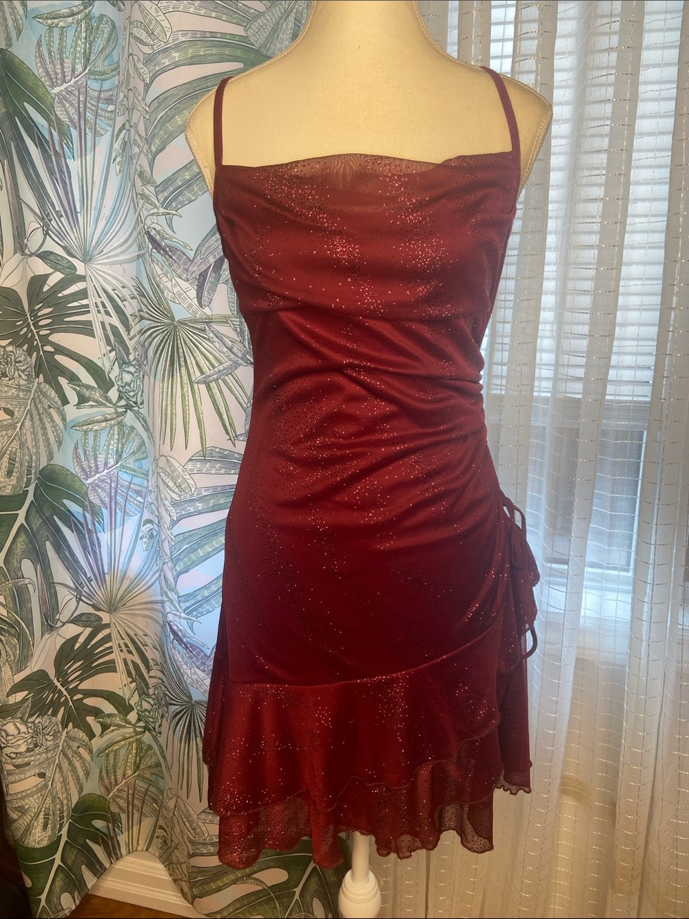 Mariposa Sparkling Wine-Red Asymmetric Mini Glitter Ruffle Slip Dress
